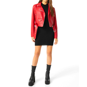 Chaqueta Bomber de Cuero de Alta Calidad para Mujer, Estilo Casual Ajustado de Invierno, Cuello Alto, Cremallera, Bolsillos Laterales, Cuero de Becerro Tejido - Product Image 2