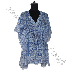 100% coton femmes vêtements de nuit main bloc imprimé caftan robe KFCS022 poids léger femmes décontracté Occasion porter courte Caftan robe - Product Image 6