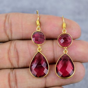 Rubellite rose ronde et poire forme pierre précieuse 925 argent Sterling plaqué or goutte boucles d'oreilles anniversaire boucle d'oreille cadeau pour elle - Product Image 2