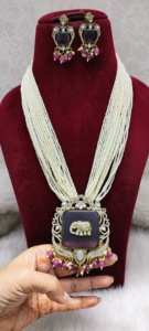 Ensemble collier de perles d'onyx long ensemble vente en gros acheter longue perle plaqué or Kundan collier ensemble pour les femmes vêtements de fête de mariage - Product Image 6