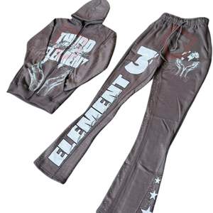 Custom Brown Rhinestone <b>Tracksuit</b> Men <b>Y2K</b> Zip Up Hoodie And Stacked Flare Sweatpants Streetwear Set - Product Image 1