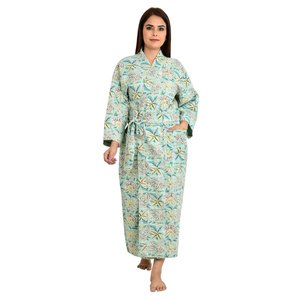 Kimono Largo Reversible Kantha-Stitch 100% Algodón Hecho a Mano Unisex con Malla Verde-Marrón para Mujer, Cárdigan, Regalo Perfecto - Product Image 4