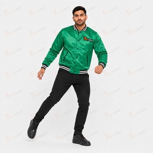 Chaqueta Varsity de Satén Verde para Hombre, con Puños Acanalados en Blanco y Negro, Botones a Presión, Resistente al Viento, Deportiva, para Otoño - Product Image 4