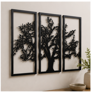 Arte Metálico Moderno para Pared, Patrón de Follaje de Árbol, Marco Rectangular Negro, Decoración Hecha a Mano para el Hogar, Paquete de Múltiples Piezas Minimalista - Product Image 1