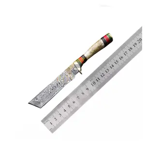 Premium-Qualität handgefertigt Damaszener Stahl Jagd Tanto-Messer Halsenstachel Horn-Griff Messing-Relief Hautmesser mit Hülse