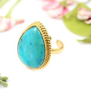 Piedra preciosa turquesa de estilo vintage, anillo en forma de pera chapado en oro de 24 quilates en latón, joyería de Metal para mujer - Product Image 2