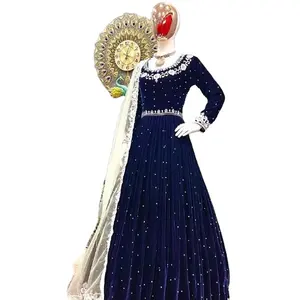 Royal Blue Colored Stone Work Georgette Anarakali Dress In Cheap Rated In Low Price Range