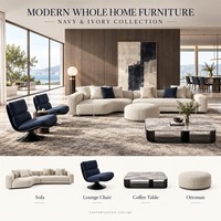 Ensemble de meubles modernes bleu marine et ivoire sur mesure pour toute la maison, canapé, table à manger, chaises et lit rembourré