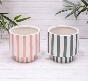 Ensemble de pots de fleurs en céramique rayés de luxe avec base surélevée, porte-plantes décoratif d'intérieur durable - Product Image 1