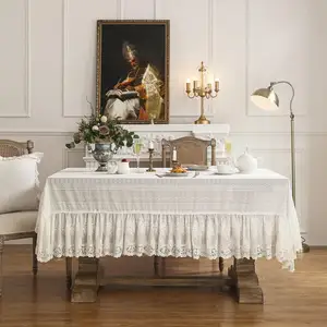 Toalha de mesa bordada de algodão com babado para decoração de mesa elegante, vintage, renda branca