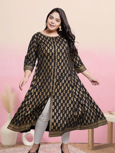 Anarkali kurta en coton noir à imprimé doré, tissu doux et confortable, tenue élégante et festive, style pour femmes, look indien et traditionnel - Product Image 5