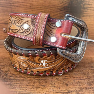 เข็มขัดหนังแท้สำหรับผู้ชายและผู้หญิง, เข็มขัดลายดอกไม้ทำด้วยมือแบบตะวันตกเข็มขัดคาดเอวหนังแท้ - Product Image 1