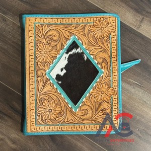 Custom Zipper <b>Folder</b> A4 Notebook Genuine Hand Tooled Leather Cover Portfolio Binder <b>Organizer</b> With Floral Tooling 3 Ring Binder - Product Image 1