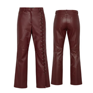 Pantalon évasé en similicuir tendance, taille haute, bleu, détail bouton latéral, coupe bootcut, léger, extensible, en similicuir - Product Image 4