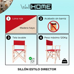 Silla de Director WELL HOME de Madera de Haya con Acabado Sin Barnizar y Lona Granate 51x46x86 cm, Silla de Oficina - Product Image 2
