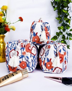 Multi-Color Floral Block Print Cotton for <b>Bag</b> Set Handmade Eco-Friendly Large Water Resistant <b>Zipper</b> Closure Vintage Case - Product Image 5