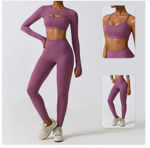 Nuevos conjuntos de Yoga de secado rápido de primavera para mujer, mallas de sujetador de manga larga, 3 piezas, entrenamiento de seda helada, deportes, Yoga informal, conjuntos de tres piezas para mujer - Product Image 3