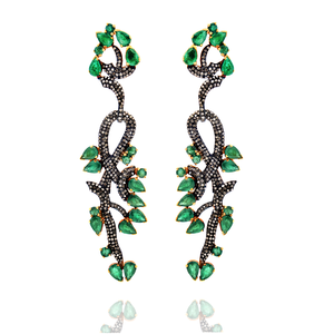 Reyes Lấp Lánh Độc Đáo Lá Motif Thiết Kế Ngọc Lục Bảo Đá Quý Dangle Bông Tai Trong 14K Vàng Và Bạc Bất Kim Cương Victoria Đồ Trang Sức - Product Image 1