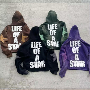 Custom Streetwear Sweatsuit Acid Wash Zip Applique Distressed Embroidery <b>Patch</b> Cropped Hoodie and Sweatpants Set Women Tracksuit - Product Image 5