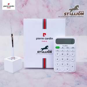 Stylo à bille fin 0,7 mm promotionnel Pierre Cardin White Stallion, ensemble de stylos à bille premium et calculatrice à grand écran 12 chiffres - Product Image 3