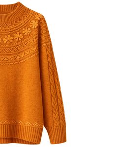 Customized Mustard <b>Orange</b> Jacquard Knit Sweater Floral Textured Crew Neck Long Sleeve Winter Pullover For <b>Women</b> Custom Wholesale - Product Image 3