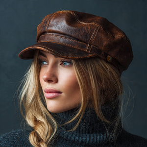 Gorra de cuero de motorista para mujer, ropa de calle, gorras a presión de cuero PU, gorra de cuero de varios paneles para mujer - Product Image 4