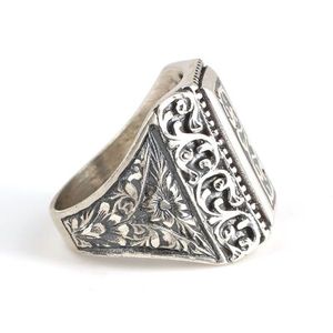 Anillo de hombre de plata de ley 925 grabado a mano con calado, esmalte negro, corte radiante geométrico, estilo hip-hop, rodio, para uso diario - Product Image 3