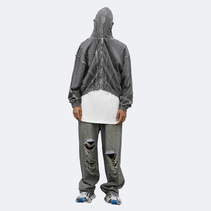 Sweat à capuche vierge personnalisé pour hommes avec fermeture éclair complète 500gsm, poids lourd, conception dégradée, fabricant de sweat à capuche vintage surdimensionné pour homme - Product Image 6