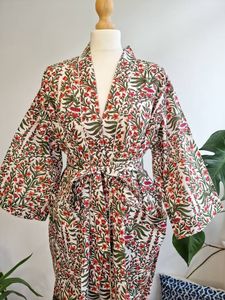 Algodón puro Pastel Blanco Verde Floral Impreso Kimono Coverup Hasta el suelo Túnica Inocente Naturaleza Templo Diseño Vestido informal - Product Image 6