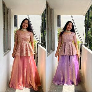 Conjunto de lehenga de seda crujiente con bordado pesado de lentejuelas, top cosido de manga larga y parte inferior semi cosida con vuelo. - Product Image 4