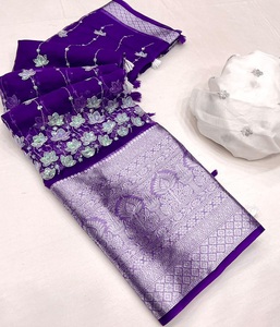 Bollywood hermoso Sari de seda de organza suave con borde elegante y blusa de trabajo completamente bordada ropa india y paquistaní - Product Image 4