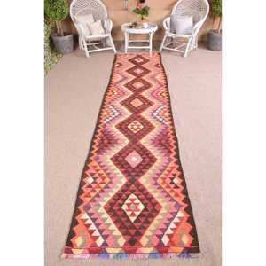 Turkish Vintage Rug 2.8x11.9 ft, Kilim <b>Red</b> Check <b>Wool</b> Rug - Product Image 1