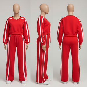 Conjunto Casual a Rayas con Cuello en V para Mujer, Logotipo Personalizado al por Mayor, Top Corto Rojo, Pantalones Holgados, Chándal - Product Image 1