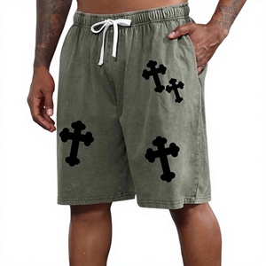 Nouveaux shorts streetwear décontractés pour hommes en coton épais, avec cordon de serrage sur le devant, couleur unie, style hip-hop, anti-UV, personnalisés, effet vintage délavé - Product Image 1