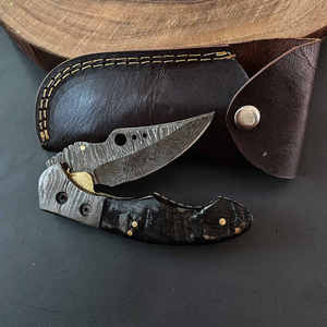 Hot Selling Full Damascus <b>Steel</b> Folding Knife Outdoor Pocket Knife With Leather Sheath - Product Image 3