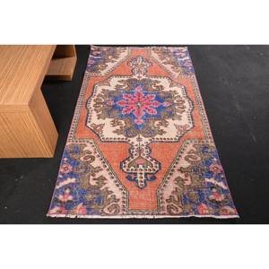 Tapis traditionnel en laine Patchwork bleu Orange 3.6 X 6.3ft tissage plat turc pour décorations de salon soutenu en Latex - Product Image 1