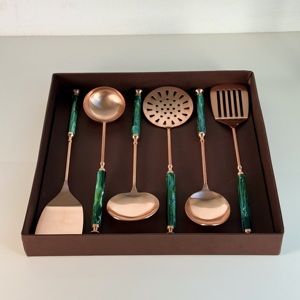 Factory Price Eco-Friendly <b>Kitchen</b> <b>Utensil</b> Set Easy Hook Green Resin Handle Stainless Steel Ladle Turner Home Cooking <b>Copper</b> - Product Image 5