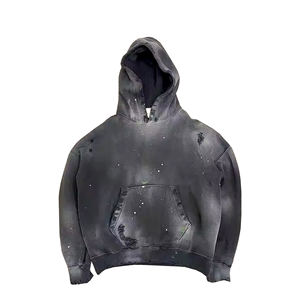 Venta al por mayor Vintage Distress Paint Hoodie Acid Wash Heavyweight Sun Faded Hoodie Men Cotton French Terry Oversized Men's Hoodies - Product Image 1