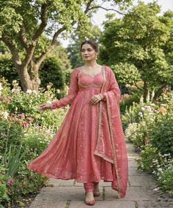 DESIGNER FENDY SATIN SEQUENCE EMBROIDERY WORK GOWN BOTTOM DUPATTA WEDDING WEAR WHOLESALE PRICE ETHNIC GARMENT BABY PINK COTTON - Product Image 1