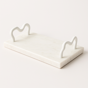 Bandeja rectangular de mármol blanco con asas de metal blanco ondulado, bandeja de tocador de diseño moderno para cocina, baño, decoración de mesa de centro - Product Image 3