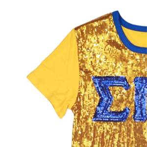 Camiseta de lentejuelas Sigma Gamma Rho SGRho, camiseta de moda de vida griega bordada con letras griegas azules doradas y brillantes - Product Image 2