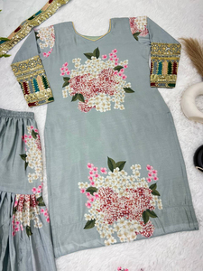 Nuevo diseño Venta caliente Pure Chinon Silk Hermoso bordado e impresión digital Top con Palazzo y Dupatta Set Listo para usar - Product Image 2