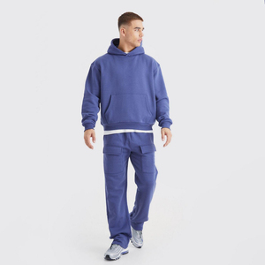 Chándal apilado de alta calidad, ropa de hombre, 100% algodón, logotipo personalizado, ropa informal, pantalón Acampanado y conjunto de Sudadera con capucha Boxy Fit - Product Image 1