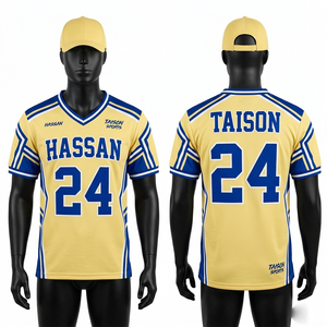 Camiseta de Práctica de Porristas para Hombre, 150 GSM, Malla de Poliéster Premium, Amarillo y Azul, Paneles Laterales en los Hombros, Impresión por Sublimación Personalizada - Product Image 1