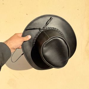 หมวกคาวบอยหนังสีดำสำหรับผู้ชาย ปีกกว้าง สไตล์เอาท์แบ็ค - Product Image 3