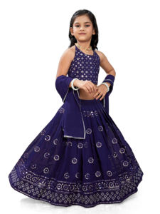 Shoryam Fashion Girls Lehenga Choli entièrement brodé, longueur ras du sol, avec broderie miroir, bleu marine, tenue de fête traditionnelle indienne - Product Image 4