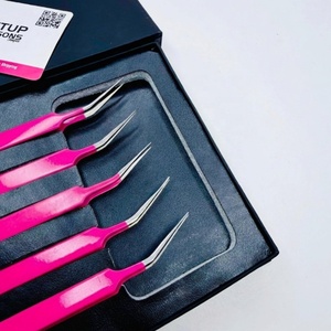 Pince à épiler pour cils GETUP BROSONS IMPEX de haute qualité en acier inoxydable, nouvelle isolation, couleurs rose vif, pointe lisse, poignée diamantée - Product Image 2