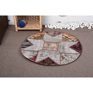 Alfombra de lana turca Vintage ecléctica de 3,4x3,4 pies Boho Beige Patchwork ovalada hecha a mano ecológica pila media respaldo de látex comedor - Product Image 1