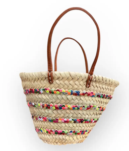 Lot de 2 paniers marocains en paille tissés à la main, grands et petits fourre-tout perlés en feuille de palmier avec poignées en cuir, sac de plage Boho Market - Product Image 4