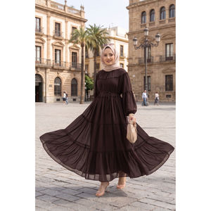 Vestido de Gasa Marrón con Corte en A, Estilo Modesto, Cintura Imperio y Detalle Fruncido - Product Image 1